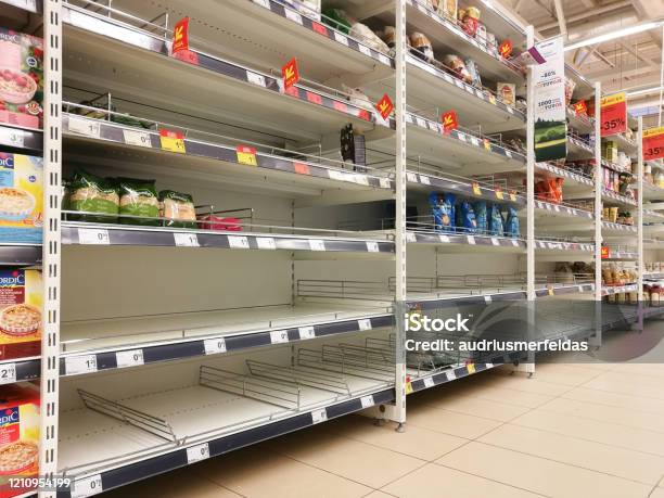 Kaunas Lithuania February 29 2020 Empty Shelves In A Maxima Supermarket Shortages Of Goods During Panic Of Corona Virus Stock Photo - Download Image Now