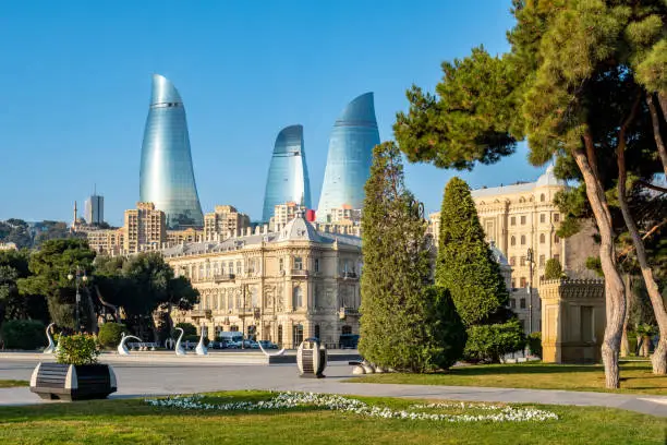 View of the Flame Towers from the boulevard in Baku, Azerbaijan