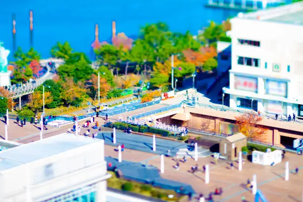 A miniature cityscape at the urban city tiltshift. Koutou district Odaiba Tokyo / Japan - 12.07.2019