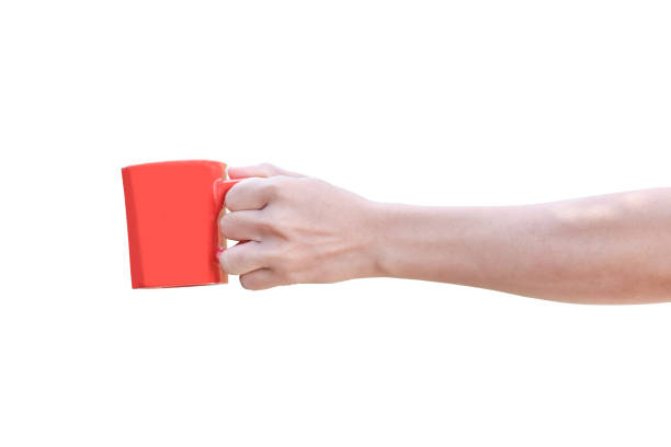 hand holding red cup isolated on white background with clipping path.