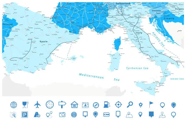 Vector illustration of Spain and Italy Blue Map and Map Navigation Sett