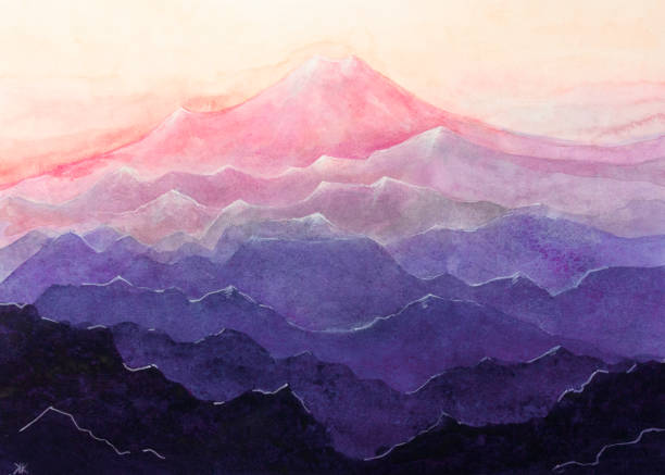 aquarell malerei rosa berg - landschaftspanorama grafiken stock-grafiken, -clipart, -cartoons und -symbole