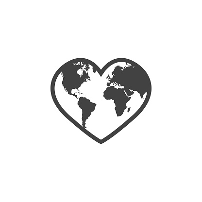Earth globe in heart shape simple black and white icon, vector isolated symbol in flat design on a white background.