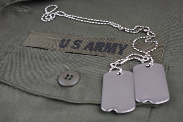 istock U.S. Army Branch Tape with dog tags on olive green uniform 1210970540