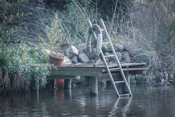 um pequeno estágio de pouso com um anel de vida está localizado em um lago - plank boardwalk pontoon bridge summer - fotografias e filmes do acervo