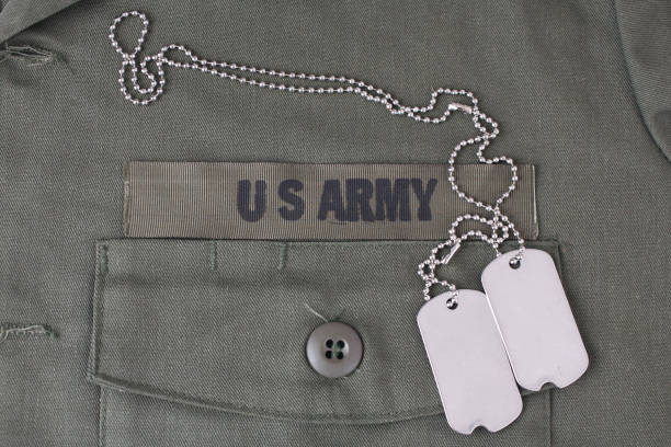 istock U.S. Army Branch Tape with dog tags on olive green uniform 1210970768