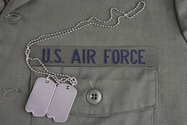 U.S. AIR FORCE Branch Tape with dog tags on olive green uniform background