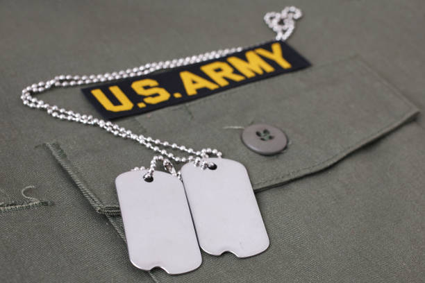 istock U.S. Army Branch Tape with dog tags on olive green uniform 1210970805