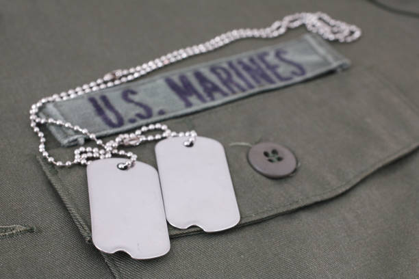 istock U.S. MARINES Tape with dog tags on olive green uniform 1210970817