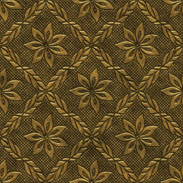 istock Gold metal seamless texture with geometric flowers pattern, 3d illustration 1210972163