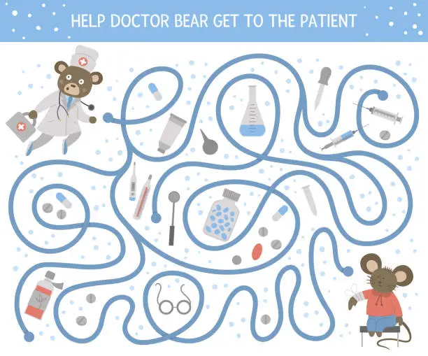 Vector illustration of Medical maze for children. Preschool medicine activity. Funny puzzle game with cute doctor bear, ill mouse, pills, med equipment. Help the doctor get to the patient.