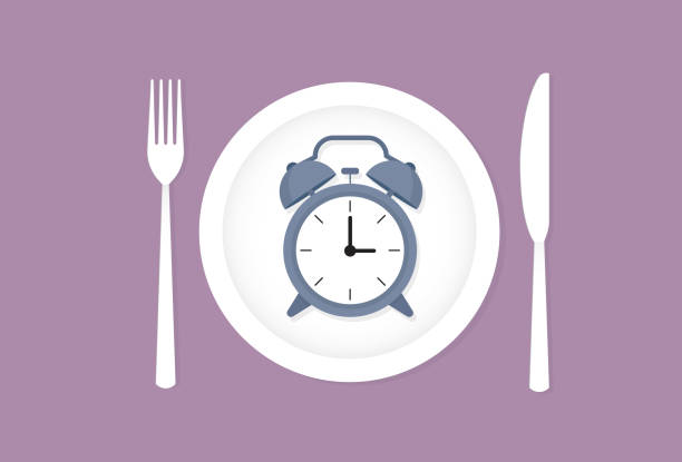 ilustrações, clipart, desenhos animados e ícones de relógio em um prato - lunch clock healthy eating plate