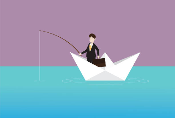 ilustraciones, imágenes clip art, dibujos animados e iconos de stock de empresario pescando en el mar - paro