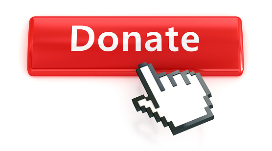 Donate. Red push button with click hand cursor isolated on the white background. Web design icon sets.