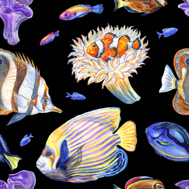 istock Seamless pattern of sea fish, corals and anemones on a black background 1210975512