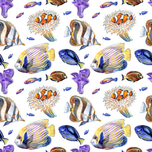 istock Seamless pattern of sea fish, corals and anemones on a white background 1210975542