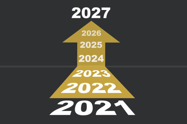 2021 bis 2027 und gelber pfeil auf grauem hintergrund - isolierte farbe grafiken stock-grafiken, -clipart, -cartoons und -symbole