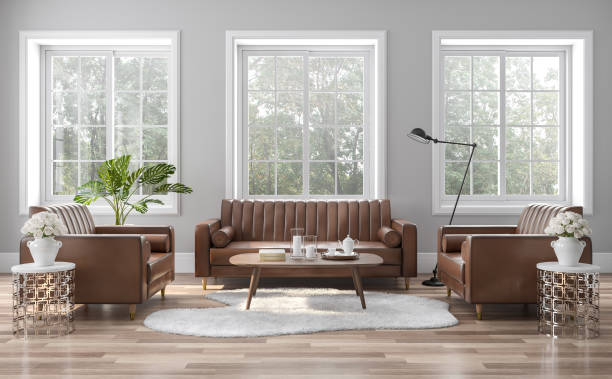 istock The vintage style living room is decorated with brown-orange leather sofas 3D render 1210977071