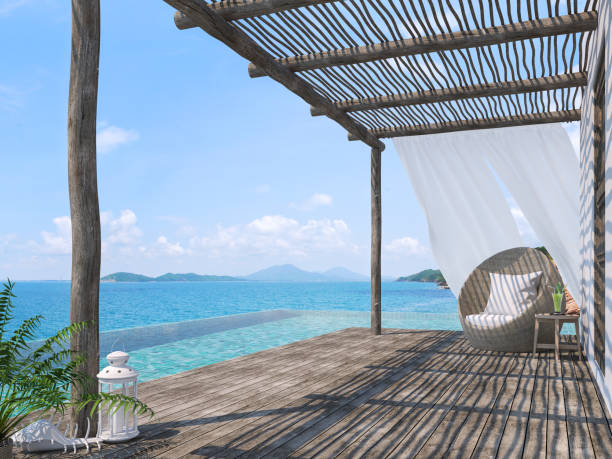 Tropical style pool terrace 3d render with old wood flooring Wooden poles and covered with wooden battens decorate with rattan loung chair overlooking the infinity pool and sea views