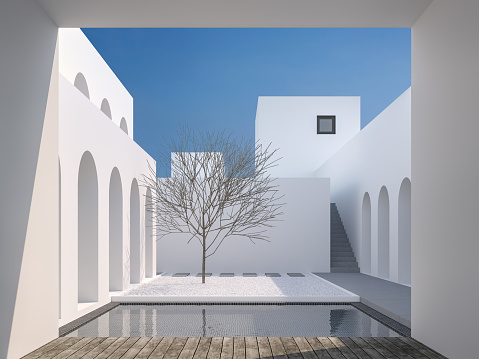 Digitally generated courtyard of a modern housing complex is bathed in the soft light of dawn. The architectural design features a combination of minimalist water features, carefully landscaped vegetation, and a series of walkways that create a tranquil urban oasis. The buildings surrounding the courtyard have steep roofs and a clean, contemporary finish, indicating a residential area designed with both aesthetics and function in mind.\n\nThe scene was created in Autodesk® 3ds Max 2024 with V-Ray 6 and rendered with photorealistic shaders and lighting in Chaos® Vantage with some post-production added.