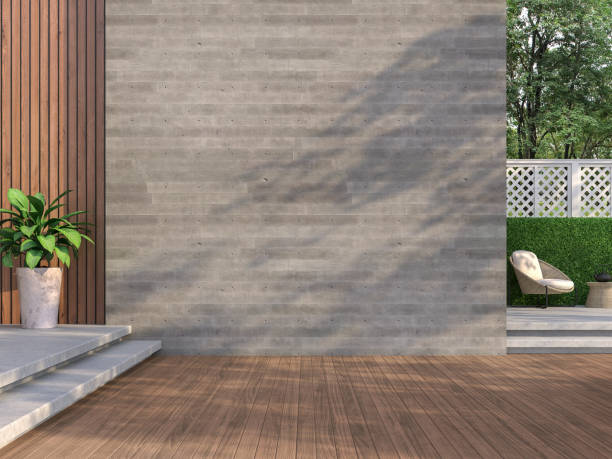 Contemporary loft style balcony 3D render Contemporary loft style balcony 3D render,There are wooden floors, empty concrete walls decorating living area with rattan furniture with white fences. outdoor staircase stock pictures, royalty-free photos & images