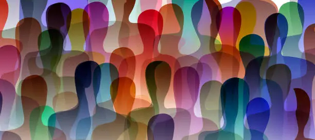 Vector illustration of many people, crowd concept, color of inner world of each person, vector
