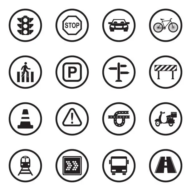 Vector illustration of Road Traffic Icons. Black Flat Design In Circle. Vector Illustration.