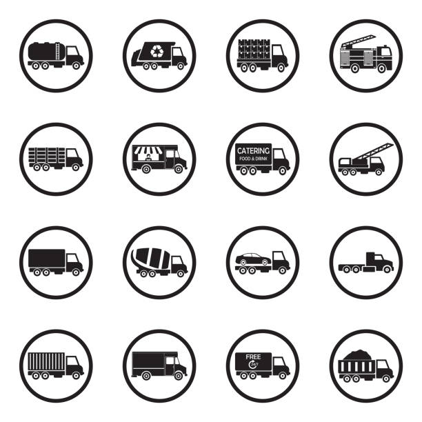 ilustrações de stock, clip art, desenhos animados e ícones de truck icons. black flat design in circle. vector illustration. - tow truck heavy truck delivering