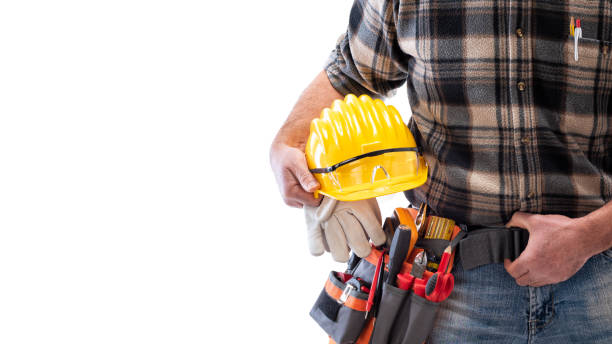 istock Electrician with tool belt on a white background. Electricity. 1210979926