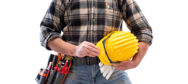 istock Electrician with tool belt on a white background. Electricity. 1210980172