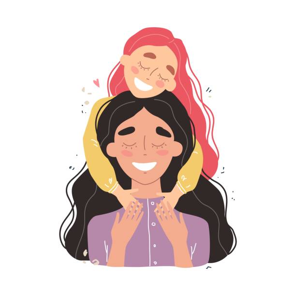Beautiful young woman and her charming little daughter. Girl hugs mom and smiles Beautiful young woman and her charming little daughter. Girl hugs mom and smiles. Vector illustration in trendy style daughter stock illustrations
