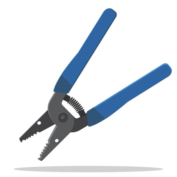 Precise wire stripper hand tool. Wire cutter, cable crimper, spring loaded with rubber coating. Flat style vector illustration. Precise wire stripper hand tool. Wire cutter, cable crimper, spring loaded with rubber coating. Flat style vector illustration. wire cutter stock illustrations