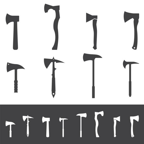 satz von verschiedenen axt silhouetten. sammlung von häschen. - lumberjack lumber industry forester axe stock-grafiken, -clipart, -cartoons und -symbole