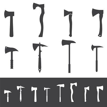 Set of various axe silhouettes. Collection of vector hatchets icons.