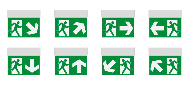 Emergency light for signage, realistic vector illustration. Green exit sign set. Design element.