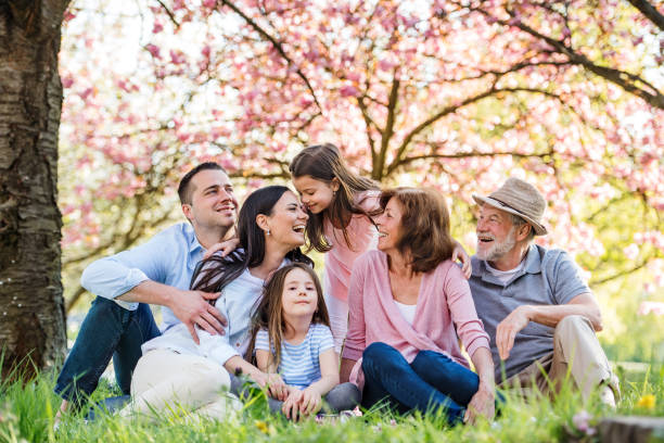 istock Three generation family sitting outside in spring nature. 1210986429
