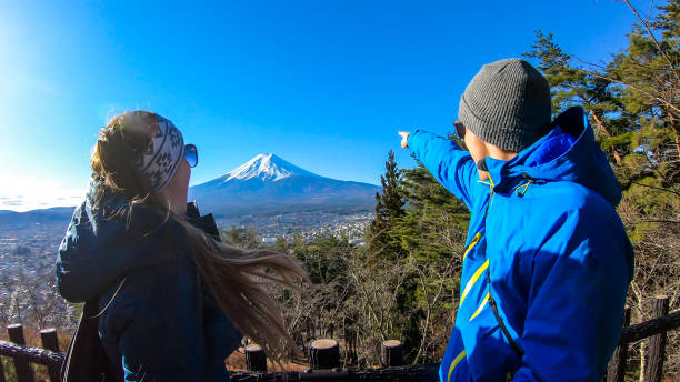 Japan - A couple pointing at Mt Fuji