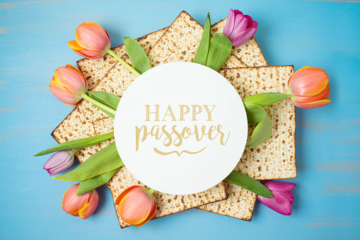 Tarjeta de felicitación de Pascua navideña judía con matzah y flores de tulipán sobre mesa de madera. Fondo de Pesach. photo