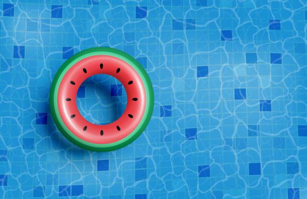 letnia reklama baneru lub plakatu . basen z nadmuchiwanym gumowym pierścieniem na wodzie. szablon promocji zakupów na sezon letni. - inflatable ring stock illustrations