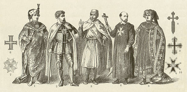 Spiritual order of knights in the Middle Ages, published 1881 Spiritual order of knights in the Middle Ages. 1) Order of Saint Stephen, 2) Teutonic Order, 3) Knights Templar, 4) Knights Hospitaller, 5) Golden Fleece, 6) Order of Christ, 7) Order of the Seraphim, 8) Order of Saint James, 9) Orden von Calatrava, 10) Order of the Holy Spirit. Woodcut engraving, published in 1881. knights templar stock illustrations