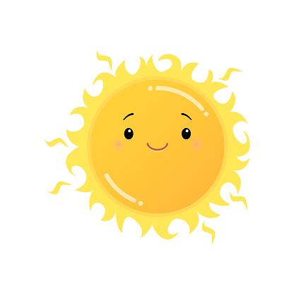Smiling yellow sun emoji sticker isolated on white background. Smiley funny happy face with good expression, fine mood icon. Emoticons of summer design