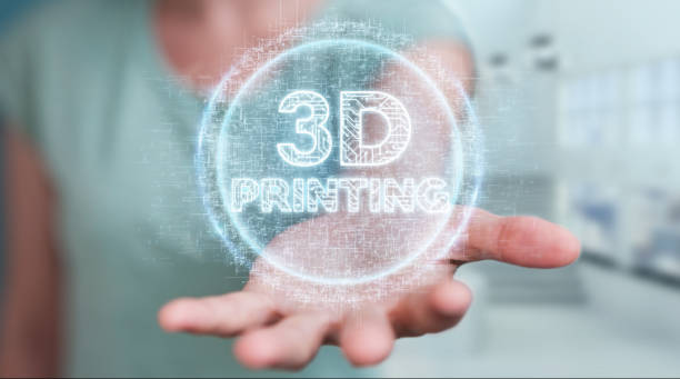 empresária em fundo desfocado usando renderização 3d digital de impressão 3d - printing block cloud internet computer equipment - fotografias e filmes do acervo