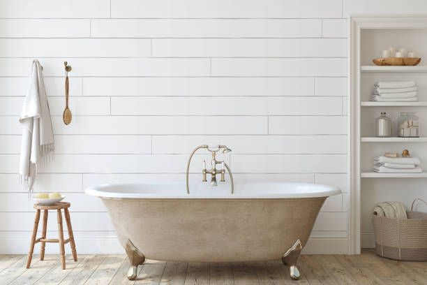 Farmhouse bathroom with shiplap wall. 3d render.