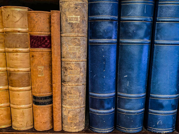 istock Old books with leather spines on shelf. 1211004706