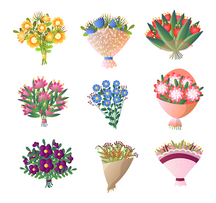 Colorful fresh flowers bouquet set isolated. Floral composition in paper, cellophane packaging, tied with ribbon. Bloomy plants bunch collection for wedding, birthday or valentine. Cartoon, card, icon