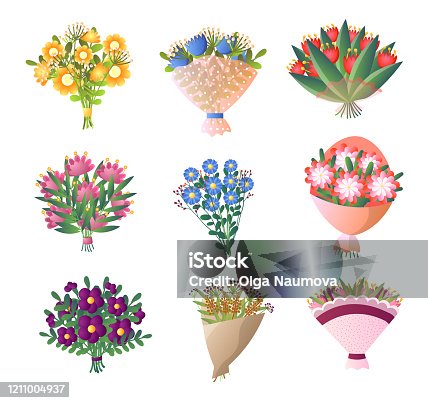 istock Colorful fresh flowers bouquet set isolated on white 1211004937