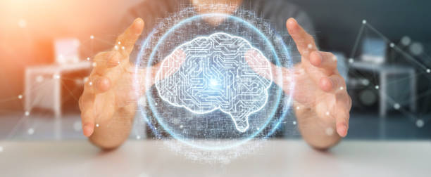 istock Businessman on blurred background using digital artificial intelligence icon hologram 3D rendering 1211005119
