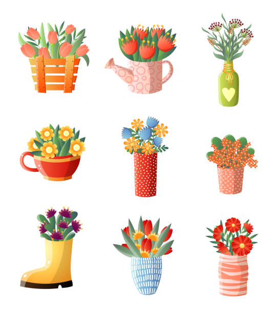 illustrazioni stock, clip art, cartoni animati e icone di tendenza di composizione floreale set fiori in vaso diverse forme e dimensioni isolate su sfondo bianco - bouquet tulip flower nature