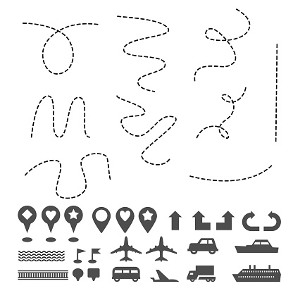 Flat map pin icons navigation markers travel gps sign other symbols set on white. Included graphic marks direction, position, ways, means of transport, kind of roads, location