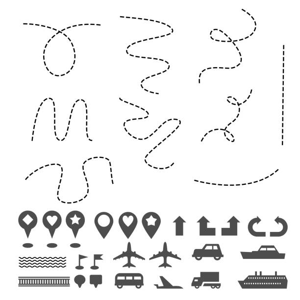 Map pin icons navigation markers travel gps sign other symbols set on white Flat map pin icons navigation markers travel gps sign other symbols set on white. Included graphic marks direction, position, ways, means of transport, kind of roads, location thoroughfare stock illustrations